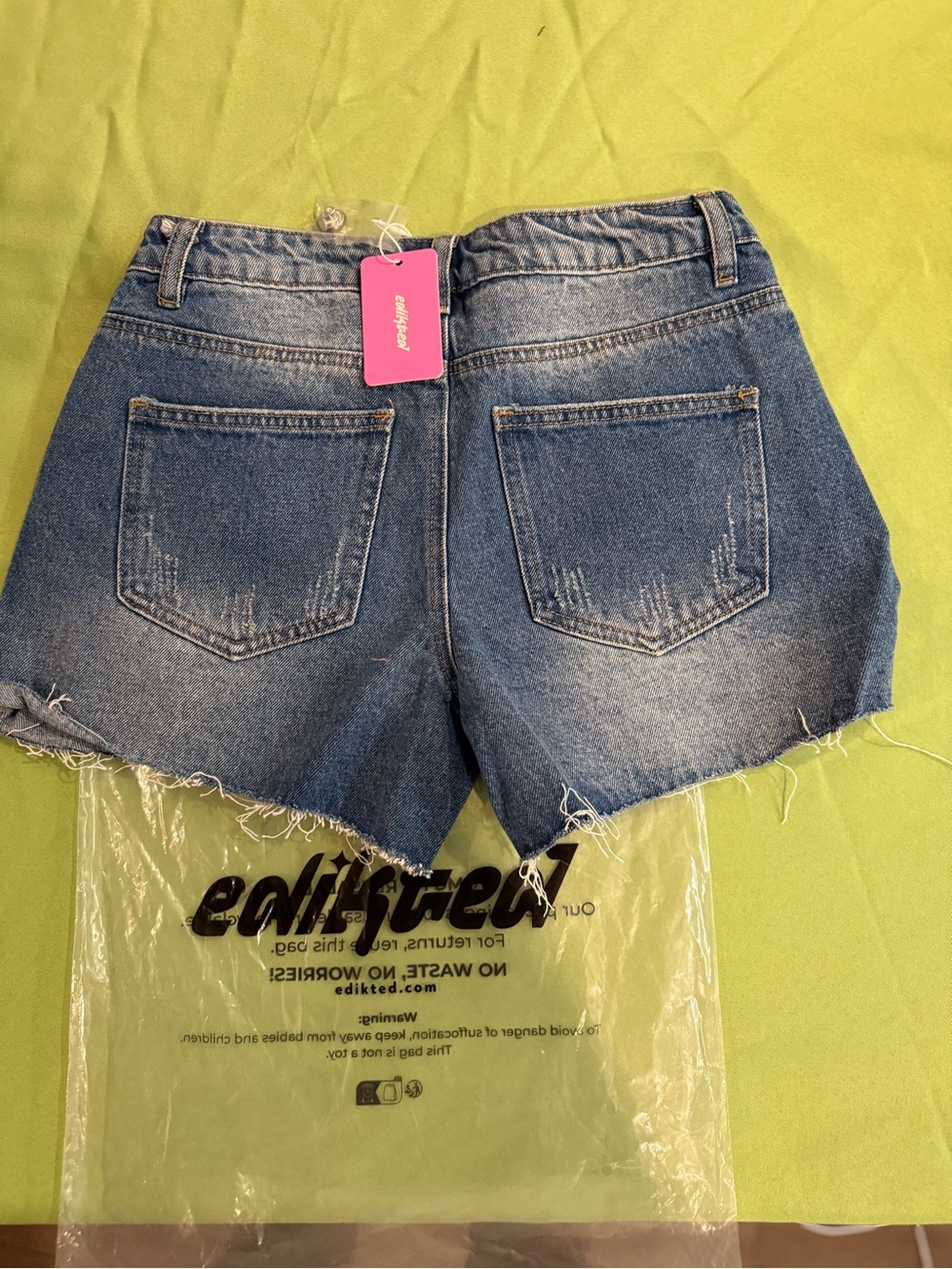 Edikted Medium Blue Raw Hem Denim Shorts